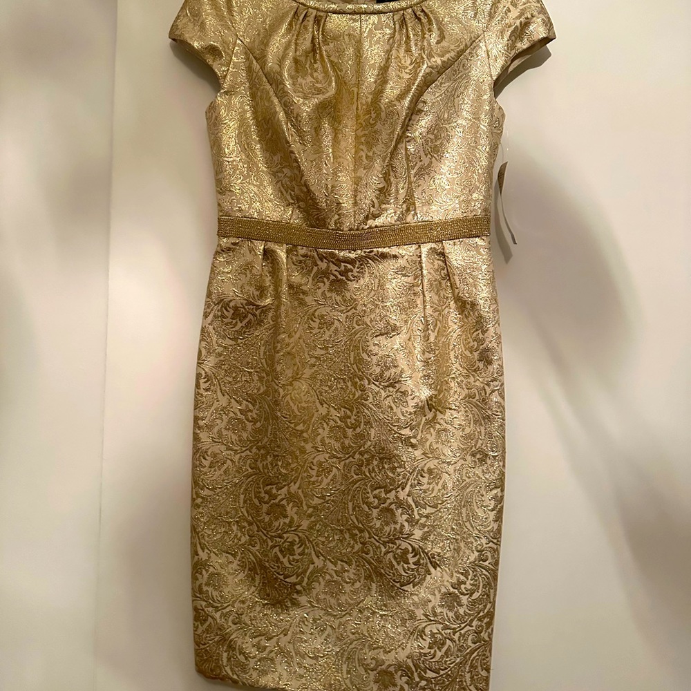 CARMEN MARC VALVO PRINTED GOLD BROCADE DRESS